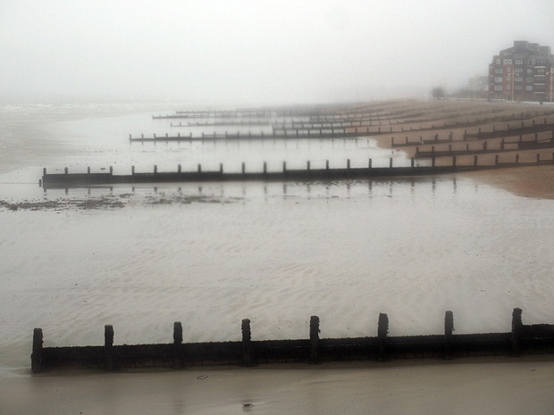A grim afternoon in rain-lashed Bognor Regis, West Sussex, England