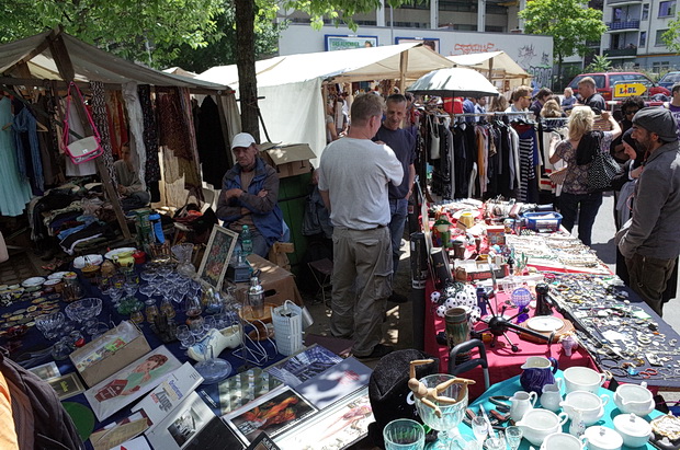 Nowkölln Flowmarkt, street market for secondhand clothes, art, music and handmade items, Berlin, Germany