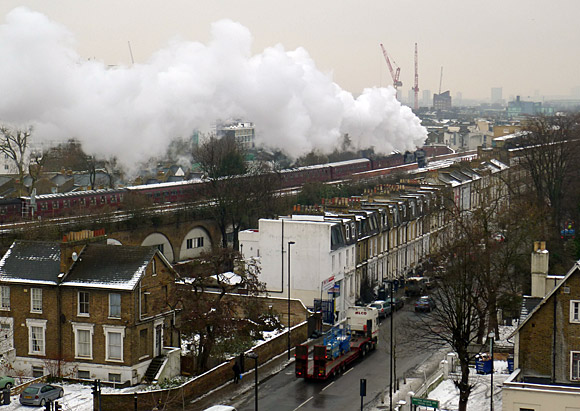 Brixton snow and steam as the Sussex Belle steams past