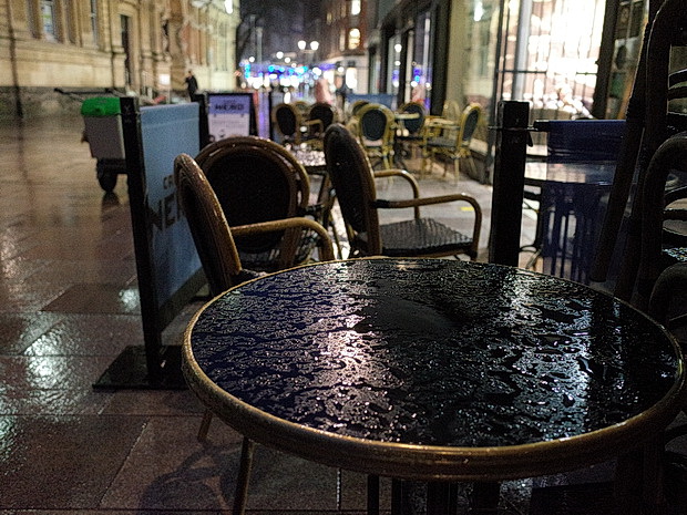 Rainy tables and the last of the Christmas lights, Cardiff 2nd Jan 2018