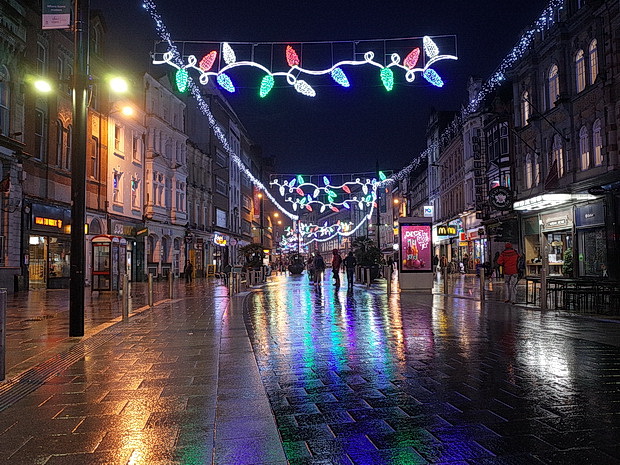 Rainy tables and the last of the Christmas lights, Cardiff 2nd Jan 2018