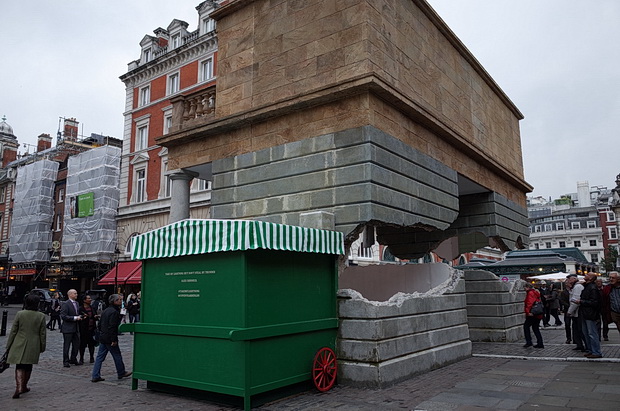 Covent Garden floating building illusion created by Alex Chinneck, London, October 2014