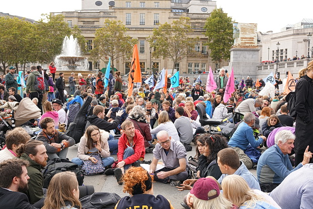 Extinction Rebellion activists defy government protest ban and pack out Trafalgar Square in London, 16th Oct 2019