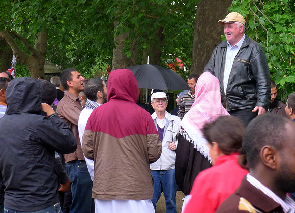 Shouting at Speakers' Corner, Hyde Park, on a wet Sunday