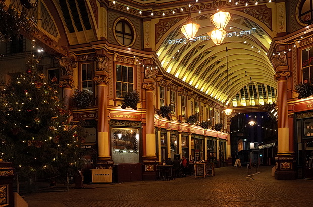 Christmas lights at London's Leadenhall Market, December 2014