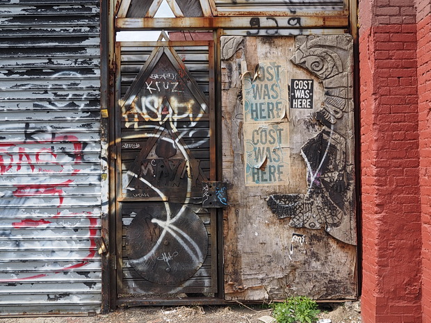 Photos of signs, stickers, graffiti and flags, New York