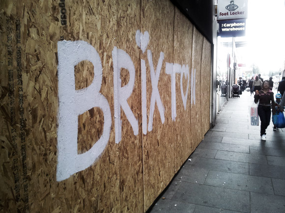 One Love, Brixton - graffiti on riot-trashed store