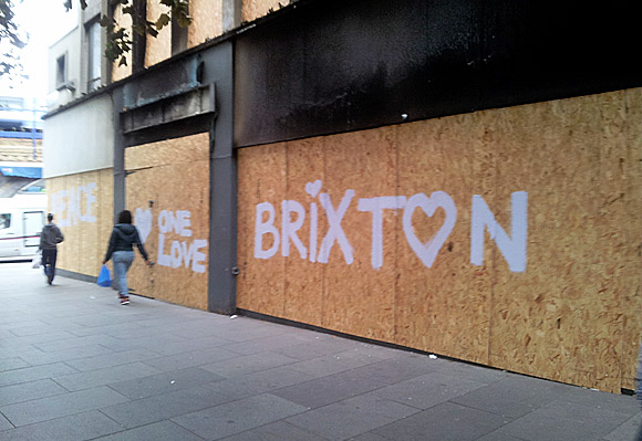 One Love, Brixton - graffiti on riot-trashed store