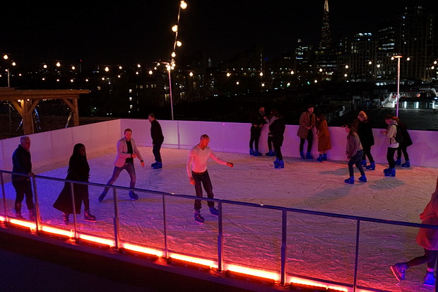 Rooftop skating, booze, fondues and Gus's wonderful roasted chestnuts at Skylight ,. Tobacco Dock, Wapping, London, November 2017