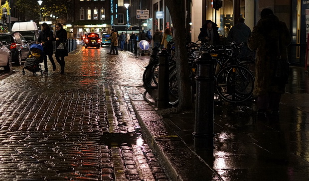 Christmas rain - Soho lights reflected in the pavements, December 2017
