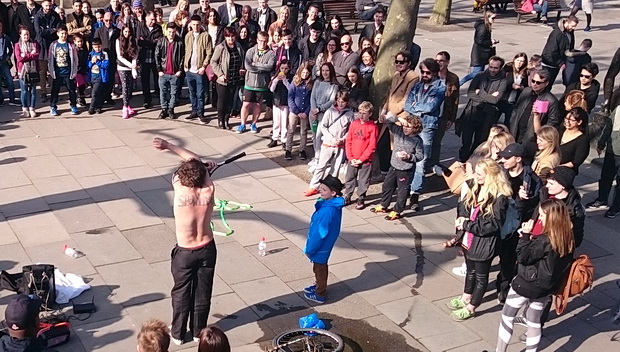 London's South Bank in the April sun: 1001 photos, luxury flats and a tennis racket acrobat, April 2016