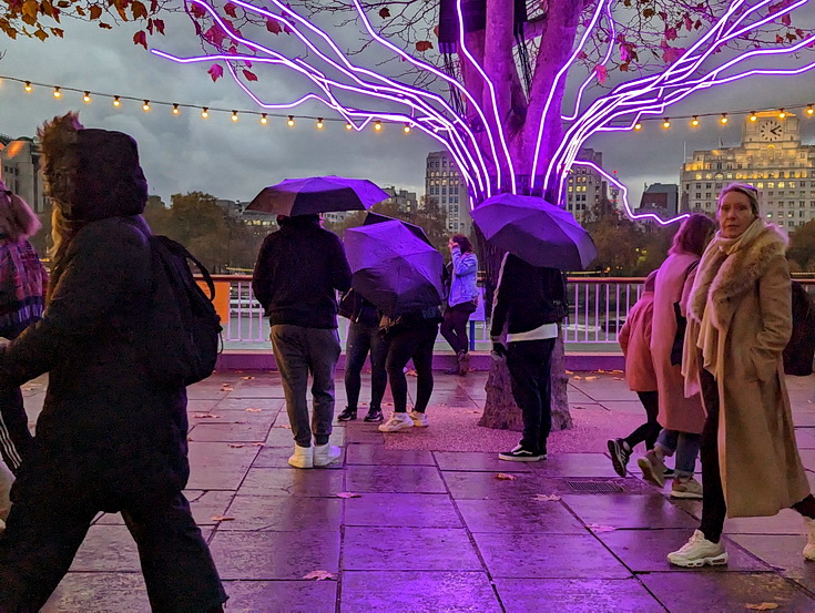 In photos: London's South Bank at dusk: dark clouds, neon trees and umbrellas