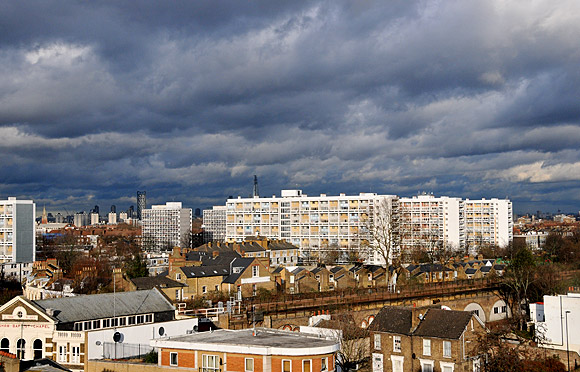 The Shard and stormy skies over London, as seen from Brixton