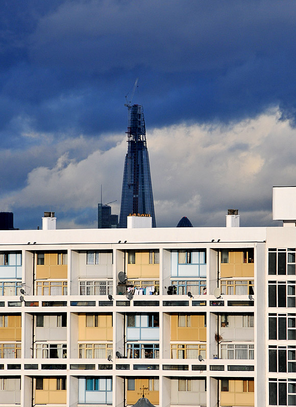 The Shard and stormy skies over London, as seen from Brixton
