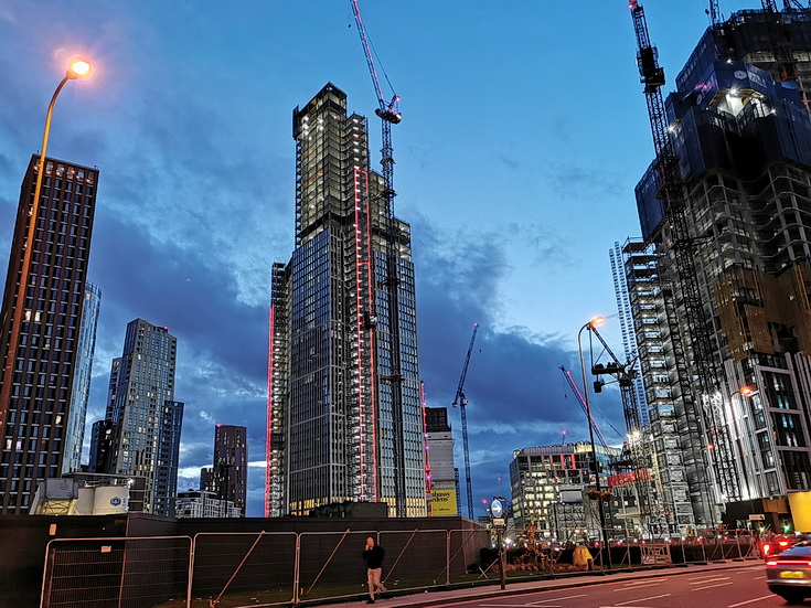 Vauxhall at night - skyscrapers, buses, construction work and a Thames nocturne, Jan 2021