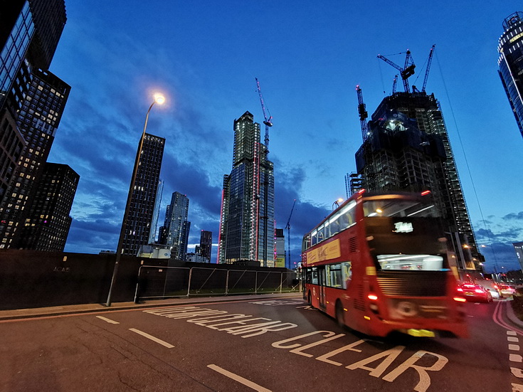Vauxhall at night - skyscrapers, buses, construction work and a Thames nocturne, Jan 2021