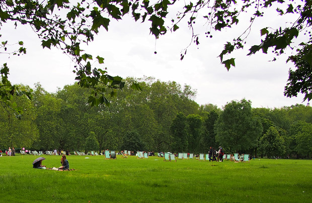 Empty deckchairs and a damp June afternoon in Green Park, London