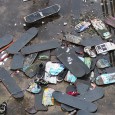 Growing steadily since some time around 2009, this pile of broken skateboards can be found facing the  downstream pedestrian crossing on Hungerford Bridge.