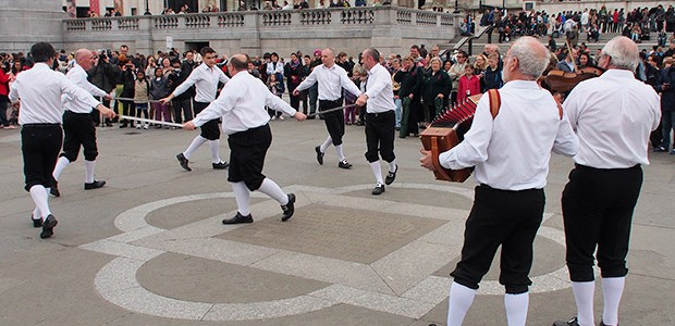 Trafalgar Square was a blur of waving hankies, stick rattling, sword entwining and jangling bells on Saturday as the Westminster Morris Men led their annual Day of Dance.