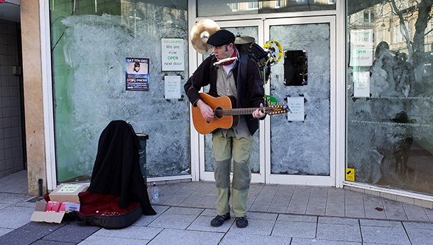 Things you don't see so much: a one man band plus his trade in Cardiff Queen Street