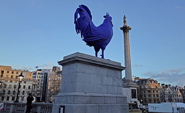 A giant blue cockerel in Trafalgar Square, London