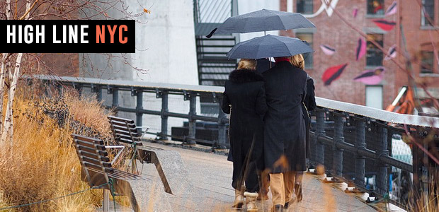 A rainswept stroll along the High Line public park, Manhattan, New York, USA