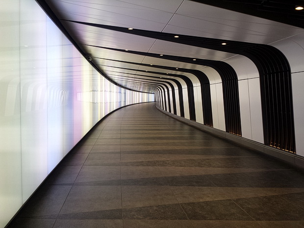 Walking through the LED lightwall tunnel at Kings Cross station