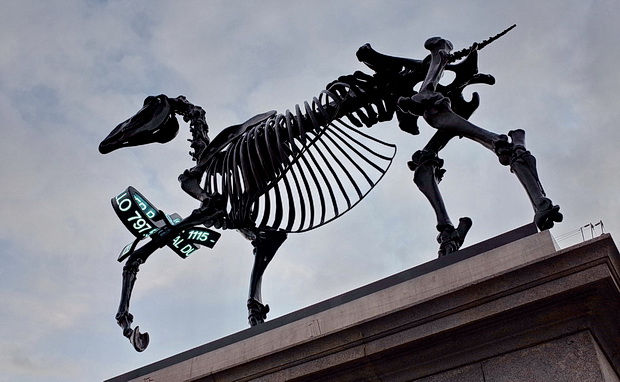 A skeletal horse with a live stock market feed takes over Trafalgar Square's fourth plinth