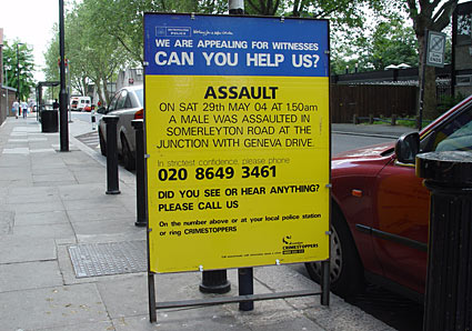 Yellow police incident board, Assault, Somerleyton Road, SW9 Brixton, Lambeth, London SW9
