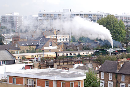 Merchant Navy Class steam locomotive, No. 35028 Clan Line steams through Brixton, Friday 7th September 2007