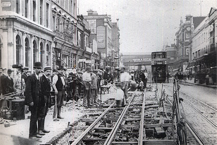 Tram line rebuilding work, Brixton Road, London August 1907