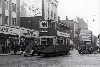 Tram by junction of Brixton Road and Stockwell Road, London March, 1952