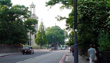 Effra Road, looking north towards St Matthew's Church, Brixton, London, June 2003