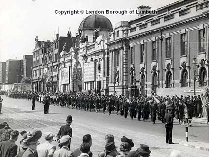 Thanksgiving Sunday parade outside Palladium Cinema and Lambeth Town Hall, Brixton Hill, Brixton, 1945