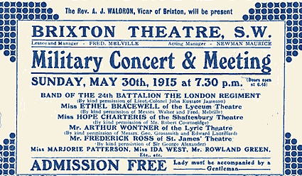 Brixton Theatre, Brixton Oval. Military Concert and Meeting on Sunday, May 30th 1915