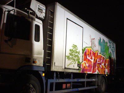 Graffiti on truck, Somerleyton Road, Brixton, Lambeth, south London