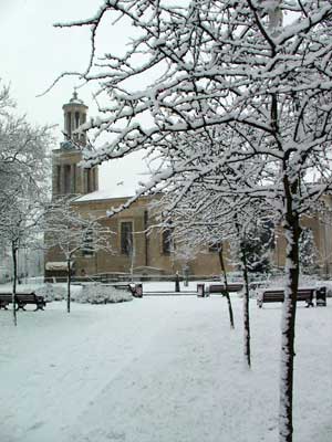 St Matthew's Church in the snow, Brixton, Lambeth, south London SW9