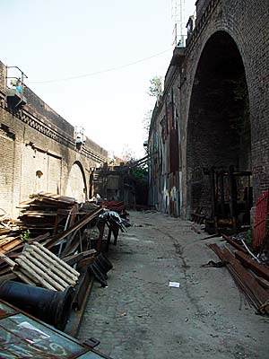 Railway arches and yard, Valentia Place, Brixton, London