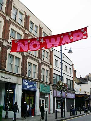 No War, anti-war banner in Coldharbour Lane, Brixton, London