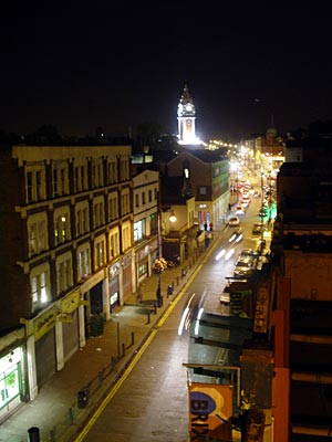Coldharbour Lane at night, view from Carlton mansions, Brixton, Lambeth, London SW9, October 2003