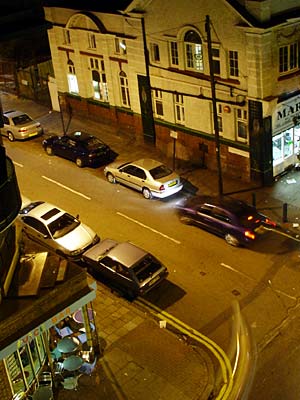 Coldharbour Lane/Rushcroft Road at night, view from Carlton mansions, Brixton, Lambeth, London SW9, October 2003