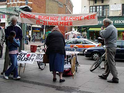 George Bush not welcome here! Scene outside  Brixton tube station, Lambeth, London SW9, October 2003