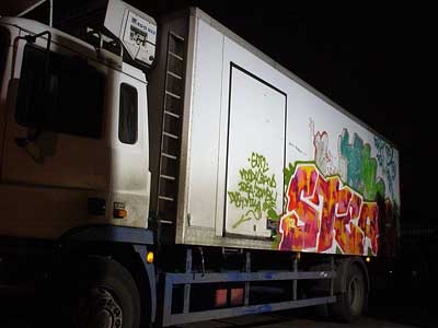Lorry and graffiti, Somerleyton Road, Brixton, Lambeth, London, England SW9