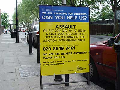 Police incident board, Somerleyton Road, Brixton, Lambeth, London, England SW9