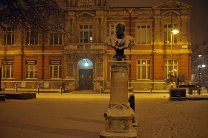 A snowy night in Brixton, Lambeth, London SW9 - scenes on Electric Avenue, Coldharbour Lane, Brixton Road, 2nd February 2009