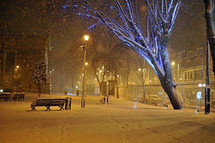 A snowy night in Brixton, Lambeth, London SW9 - scenes on Electric Avenue, Coldharbour Lane, Brixton Road, 2nd February 2009