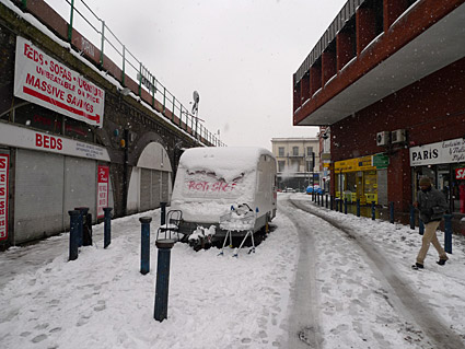 A snowy walk around Brixton, Lambeth, London SW9 - scenes on Electric Avenue, Brixton Road, Coldharbour Lane, Gresham Road, 2nd February 2009