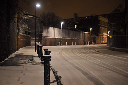 A snowy night in Brixton, Lambeth, London SW9 - scenes on Electric Avenue, Coldharbour Lane, Brixton Road, 2nd February 2009