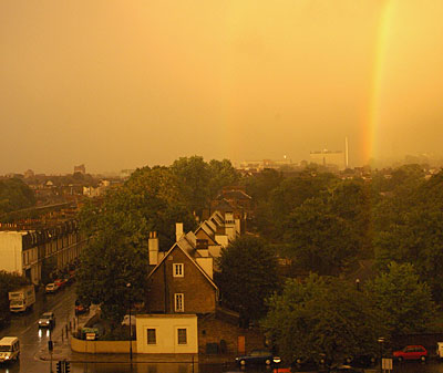 Strange colours as the sun sets on Brixton, August 24th 2005