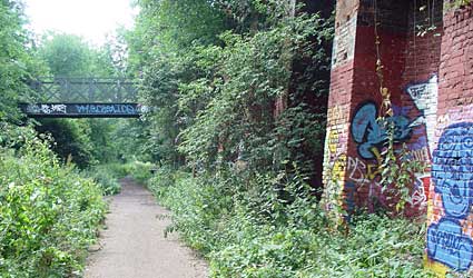 Hazelmere Road footbridge, near the site of Crouch End station, Northern Heights, along the route of the Finsbury Park to Highgate to Alexandra Palace railway, Parkland Walk, Haringey, London